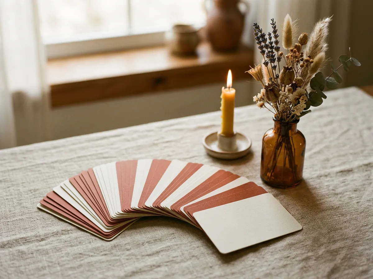 A fan of blank cream and terracotta cards on a linen tablecloth beside a lit beeswax candle and a small amber vase of dried flowers.