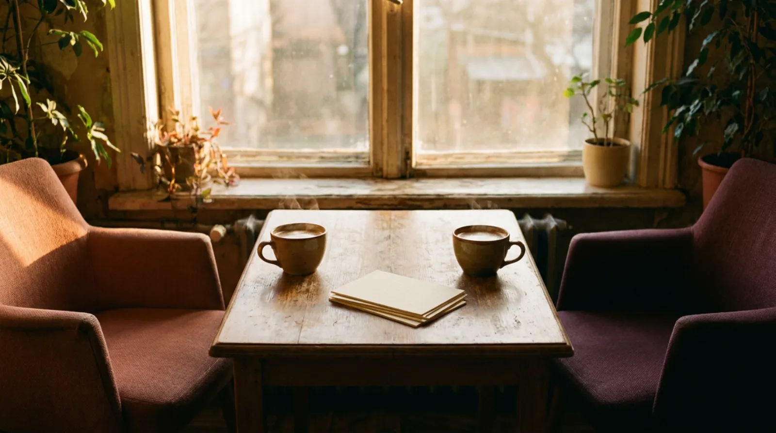 Two cups of coffee on a small wooden cafe table by a sunny window, two armchairs turned toward each other, and a short stack of blank cards between the cups.
